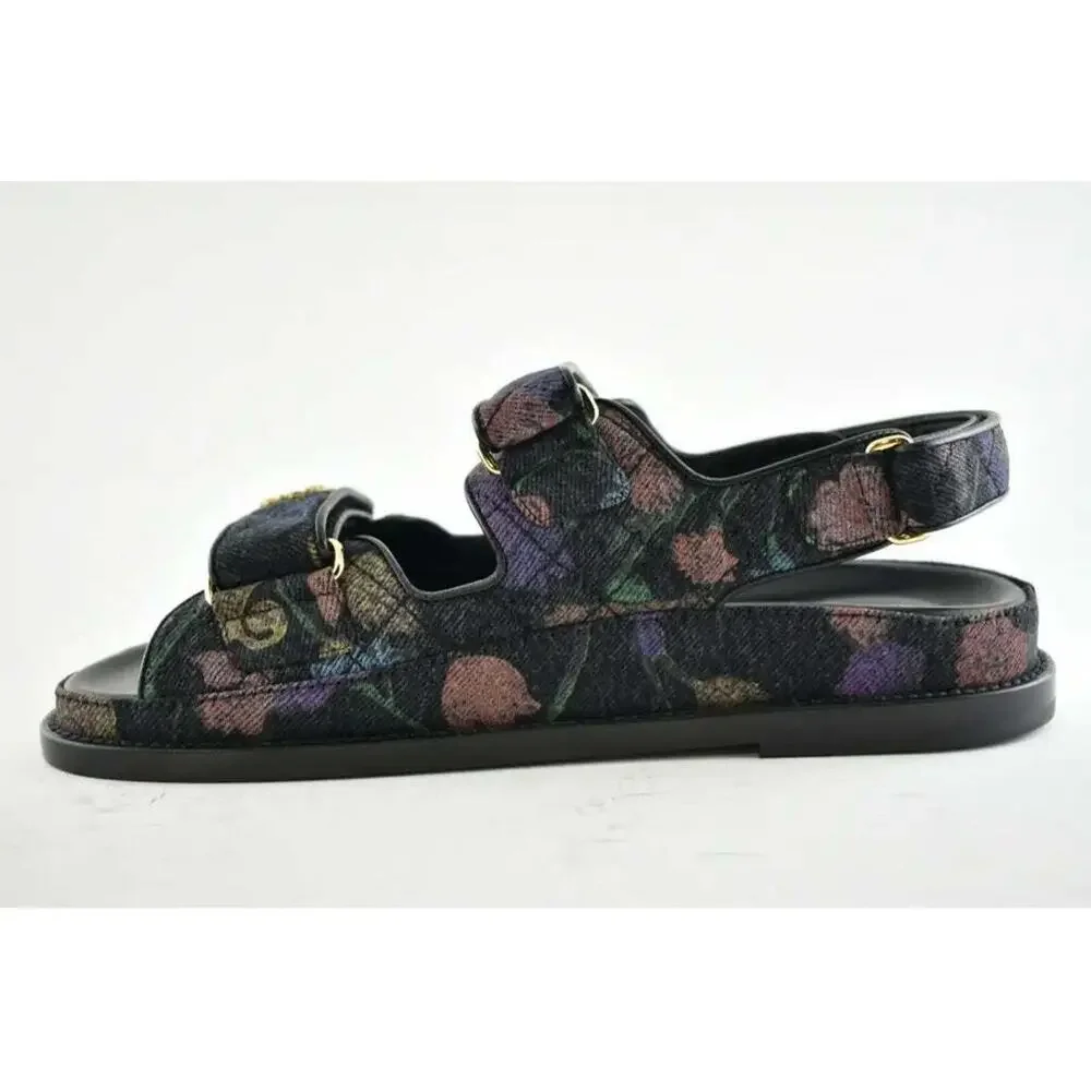 Chanel 21A Black Denim Graffiti CC Logo Mule Slide Strap Flat Teva Dad Sandal 39 - Picture 9 of 11